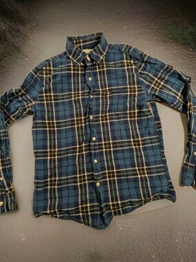 American Eagle Blue And Yellow Cotton Plaid Button Up Shirt Size Small